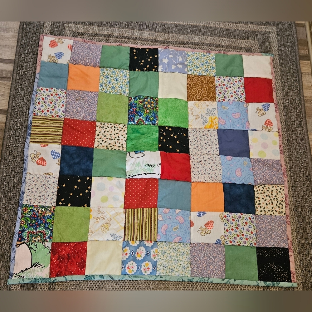 Patchwork Quilt with Bear Design On Back 26x26 - Picture 1 of 6